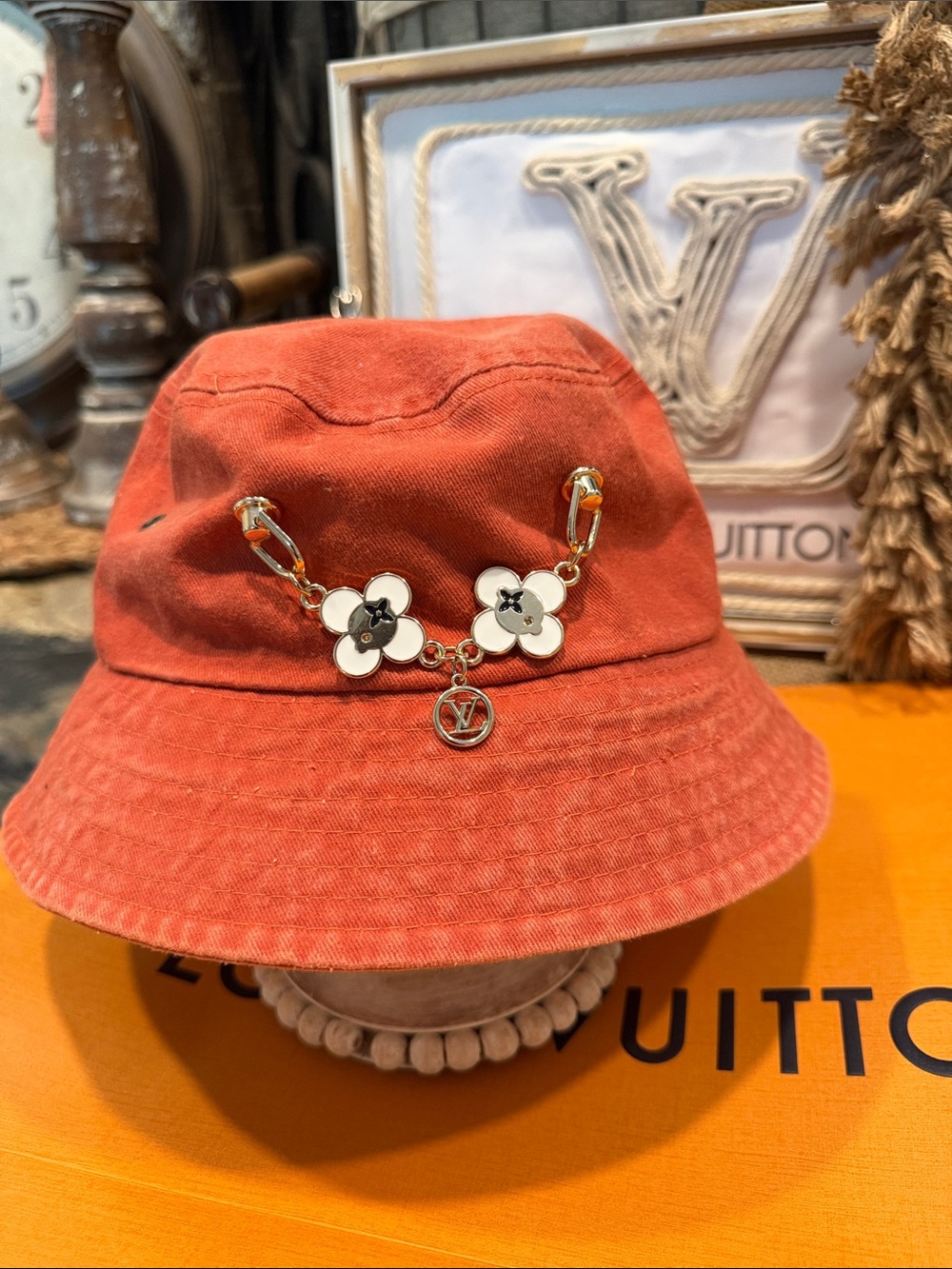 Handcrafted Coral Bucket Hat with Floral Chain Charm